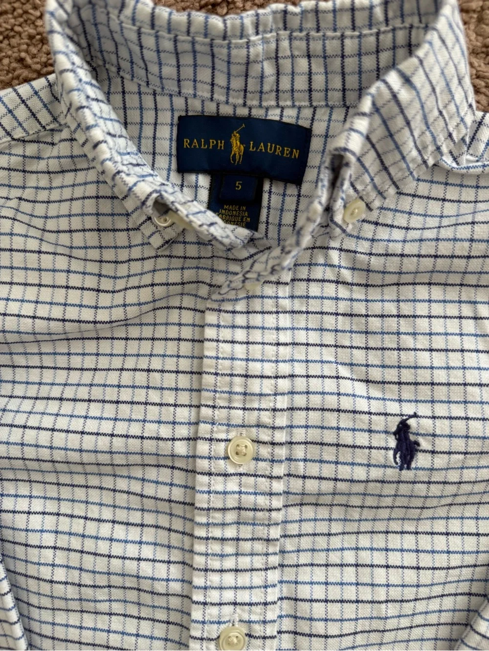 Boy’s Ralph Lauren White Button-Down Shirt with Blue Windowpane Plaid
